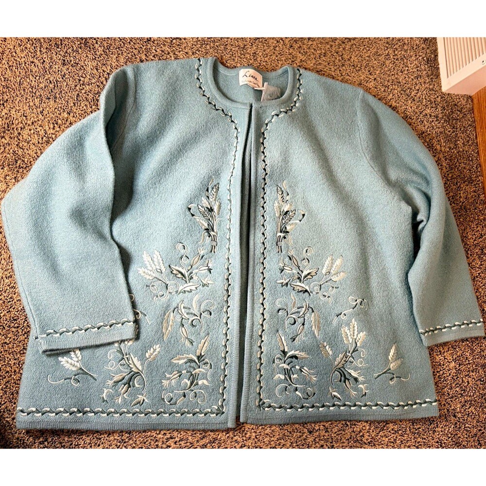 Linea by Louis Dell'Olio Women’s 2X Blue Wool Full Zip Floral Cardigan